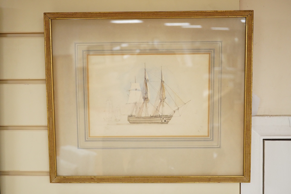 Thomas Sewell Robins (1810-1880), Study of a three masted sailing vessel, signed with monogram 'TSR', maritime interest watercolour, 17 x 24cm